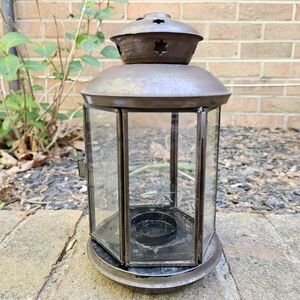 Vintage Metal & Glass Tea Light Candle Etched Starburst & Star Cutouts Lantern
